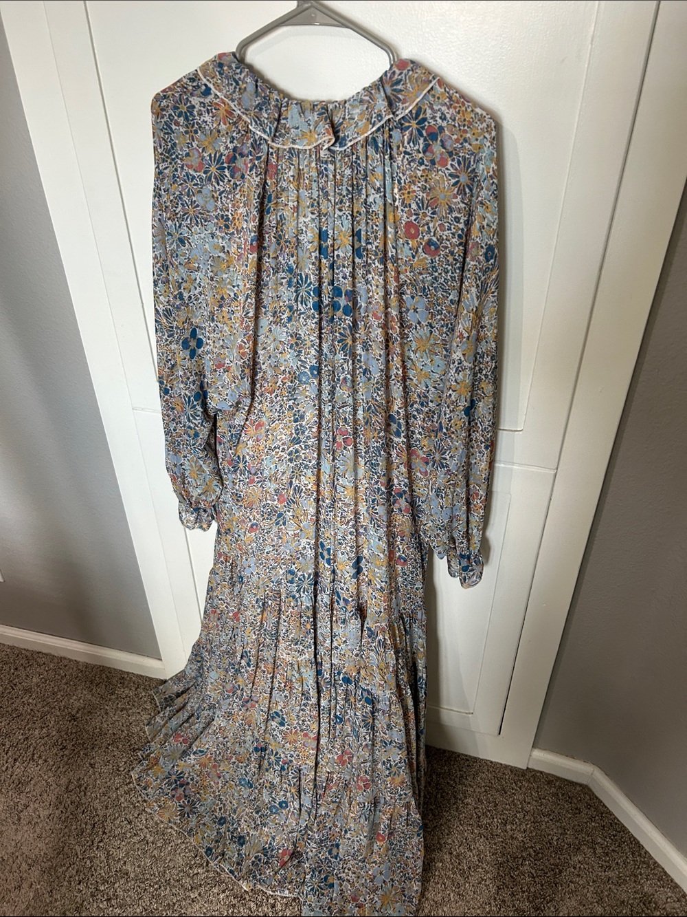 Free People Floral Long-Sleeve Tiered Maxi Dress - Blue Multicolor w full slip - Picture 4 of 6